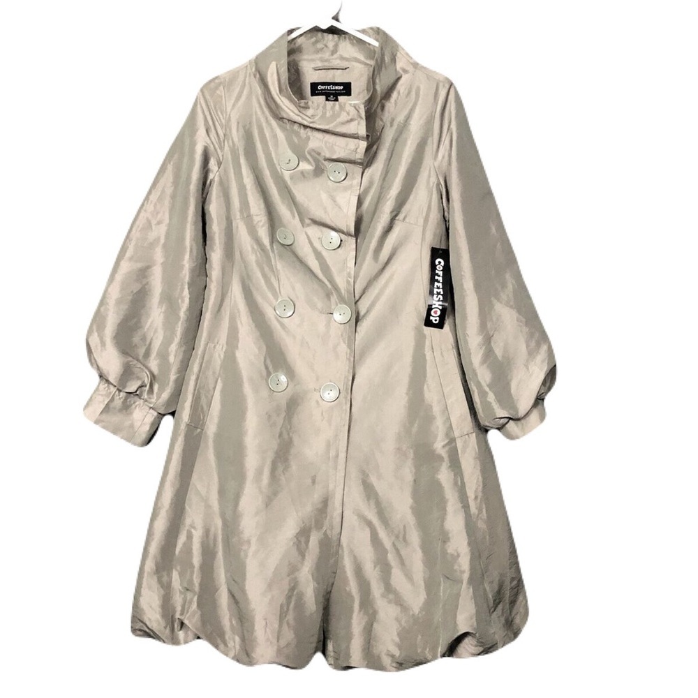 Coffee Shop NYC Metallic‎ Silver Trench Coat Double Breasted Puff Hem​
